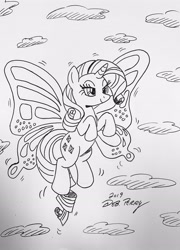 Size: 2738x3806 | Tagged: safe, artist:debmervin, character:rarity, species:pony, female, glimmer wings, high res, monochrome, solo, traditional art, wings