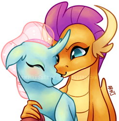 Size: 686x700 | Tagged: safe, artist:vampireselene13, character:ocellus, character:smolder, species:changeling, species:dragon, species:reformed changeling, ship:smolcellus, blushing, cute, diaocelles, dragoness, eyes closed, female, interspecies, lesbian, obtrusive watermark, shipping, smolderbetes, watermark