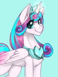 Size: 1536x2048 | Tagged: safe, artist:siripim111, character:princess flurry heart, species:alicorn, species:pony, blue background, crown, cute, ear fluff, female, flurrybetes, jewelry, looking at you, mare, older, older flurry heart, peytral, regalia, simple background, smiling, solo