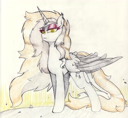 Size: 4830x4444 | Tagged: safe, artist:foxtrot3, oc, oc only, oc:verdict, species:alicorn, species:pony, alicorn oc, alternate forms, black wings, disdain, glowing eyes, nightmare form, solo, traditional art, transformation