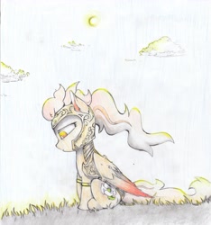 Size: 5100x5454 | Tagged: safe, artist:foxtrot3, oc, oc only, oc:april dawn, species:pegasus, species:pony, armor, cloud, fantasy class, grass, sad, scenery, solo, story included, sun, traditional art, warrior