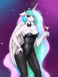 Size: 1536x2048 | Tagged: safe, artist:siripim111, character:princess celestia, species:alicorn, species:anthro, g4, alcohol, bow tie, breasts, bunny ears, bunny suit, bunnylestia, busty princess celestia, cleavage, clothing, cuffs (clothes), drink, eyebrows, female, glass, gradient background, hand on hip, leotard, looking at you, mare, pantyhose, playboy bunny, sexy, signature, solo, stupid sexy celestia, wings