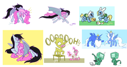 Size: 2512x1323 | Tagged: safe, artist:yamino, species:bat pony, species:pony, adventure time, bmo, finn the human, fionna the human, ice king, ice queen, lemongrab, marceline, mouth hold, ponified, princess bubblegum
