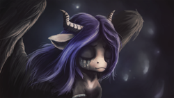 Size: 2101x1181 | Tagged: safe, artist:stdeadra, species:demon pony, species:pony, crying, demon, horn, monster pony, original species, purple hair, succubus, wings