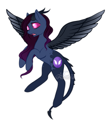 Size: 1032x1180 | Tagged: safe, artist:aledera, oc, oc only, oc:lilith (aledera), species:pony, female, horns, mare, original species, simple background, solo, spread wings, tiefling, transparent background, watermark, wings