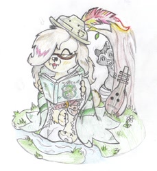 Size: 2923x3185 | Tagged: safe, artist:foxtrot3, oc, oc only, species:pony, book, cape, clothing, commission, phoenix feather, raccoon, ranger hat, river, scenery, traditional art, tree