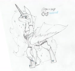 Size: 4120x3882 | Tagged: safe, artist:foxtrot3, oc, oc only, oc:cj, oc:lovestruck, alternate design, alternate timeline, armor, chains, clothing, fusion, heart, hybrid wings, jewelry, necklace, pegasus unicorn, perfume mane, shoes, solo, traditional art, wings