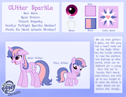 Size: 2200x1700 | Tagged: safe, artist:cat4lyst, oc, oc only, oc:glitter sparkle, parent:pinkie pie, parent:twilight sparkle, parents:twinkie, magical lesbian spawn, my little pony genesis, offspring, reference sheet, solo