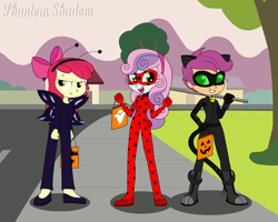 Size: 3000x2400 | Tagged: safe, artist:phantomshadow051, character:apple bloom, character:scootaloo, character:sweetie belle, my little pony:equestria girls, :t, akuma, annoyed, apple bloom is not amused, apple bloom's bow, bag, bow, candy bag, chat noir, clothing, cosplay, costume, cross-popping veins, crossover, cute, cutie mark crusaders, female, grin, hair bow, halloween, halloween costume, hawk moth, high res, holiday, ladybug, miraculous ladybug, open mouth, smiling, street, trio, trio female, unamused