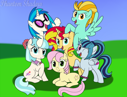 Size: 1500x1142 | Tagged: safe, artist:phantomshadow051, character:coco pommel, character:dj pon-3, character:lightning dust, character:posey, character:sonata dusk, character:sunset shimmer, character:vinyl scratch, species:earth pony, species:pegasus, species:pony, species:unicorn, g1, alternate mane six, bow, cocobetes, cute, dustabetes, equestria girls ponified, female, g1 to g4, generation leap, looking at you, mane six opening poses, mare, one eye closed, open mouth, ponified, prone, request, signature, sitting, smiling, smiling at you, sonatabetes, spread wings, tail bow, vinylbetes, wings, wink, wristband