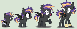 Size: 3644x1392 | Tagged: safe, artist:loveedovey, oc, oc only, oc:nebulous moon, species:bat pony, species:pony, 5-year-old, age progression, baby, baby pony, biography in description, diaper, female, filly, simple background, solo, teenager