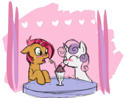 Size: 911x722 | Tagged: safe, artist:cat4lyst, character:babs seed, character:sweetie belle, babsbelle, blushing, cropped, cute, eyes closed, female, floppy ears, lesbian, marriage proposal, milkshake, open mouth, ring, sharing, shipping, smiling, wide eyes