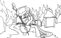 Size: 1280x809 | Tagged: safe, artist:ewoudcponies, character:octavia melody, species:earth pony, species:pony, burning, cello, female, fire, ink drawing, monochrome, musical instrument, solo, traditional art