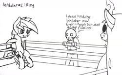 Size: 1280x793 | Tagged: safe, artist:ewoudcponies, character:queen chrysalis, character:rainbow dash, species:changeling, species:pegasus, species:pony, inktober, boxing gloves, boxing ring, changeling queen, female, ink drawing, inktober 2019, monochrome, sports, sweat, sweating profusely, traditional art, wrestling