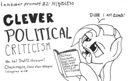 Size: 1280x807 | Tagged: safe, artist:ewoudcponies, species:pony, inktober, book, derp, ink drawing, inktober 2019, monochrome, parody, political cartoon, self deprecation, solo, strawman, tongue out, traditional art
