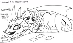 Size: 1280x762 | Tagged: safe, artist:ewoudcponies, character:princess ember, character:twilight sparkle, character:twilight sparkle (alicorn), species:alicorn, species:dragon, species:pony, inktober, growth, ink drawing, inktober 2019, monochrome, size difference, traditional art