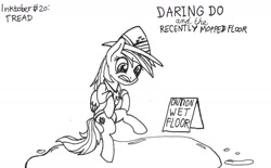 Size: 1280x793 | Tagged: safe, artist:ewoudcponies, character:daring do, species:pegasus, species:pony, inktober, bipedal, female, ink drawing, inktober 2019, monochrome, solo, traditional art, water, wet floor sign