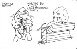 Size: 1280x819 | Tagged: safe, artist:ewoudcponies, character:daring do, species:pegasus, species:pony, inktober, ink drawing, inktober 2019, mimic, monochrome, mouth hold, traditional art, treasure chest, whip