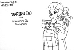 Size: 1280x871 | Tagged: safe, artist:ewoudcponies, character:daring do, oc, species:pegasus, species:pony, inktober, angry, blanket, cute, elderly, female, filly, grandmother, ink drawing, inktober 2019, monochrome, photo album, puffy cheeks, raspberry, sitting on lap, squirming, tongue out, traditional art