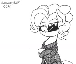 Size: 1280x1081 | Tagged: safe, artist:ewoudcponies, character:pinkie pie, species:earth pony, species:pony, inktober, clothing, coat, crossed arms, crossed hooves, female, ink drawing, inktober 2019, monochrome, solo, sunglasses, traditional art