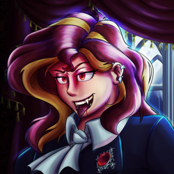Size: 1639x1639 | Tagged: safe, artist:mandy1412, character:sunset shimmer, species:human, dracula, ear piercing, earring, female, halloween, holiday, humanized, jewelry, piercing, solo, tongue out, vampire