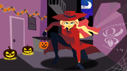 Size: 6830x3840 | Tagged: safe, artist:legendaryspider, character:sunset shimmer, my little pony:equestria girls, alley, candy, carmen sandiego, clothing, coat, costume, crescent moon, crossover, fedora, food, geode of empathy, gloves, halloween, halloween costume, hat, high heels, holiday, jack-o-lantern, lights, looking at you, magical geodes, moon, netflix, night, pumpkin, pumpkin bucket, red coat, red hat, shoes, spider web, style emulation, superhero landing, trick or treat, watermark, windswept hair