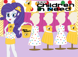 Size: 2337x1700 | Tagged: safe, artist:equestriaguy637, character:rarity, g4, my little pony: equestria girls, my little pony:equestria girls, banner, bbc, bbc children in need, bear ears, bucket, charity, clothing, curtains, cute, dress, fashion, fashion show, legs, looking at you, mannequin, miniskirt, pole, pose, pudsey bear, shirt, skirt