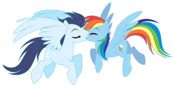Size: 2150x1080 | Tagged: safe, artist:nabbiekitty, character:rainbow dash, character:soarin', species:pegasus, species:pony, ship:soarindash, eyes closed, female, flying, kissing, male, mare, shipping, simple background, stallion, straight, transparent background