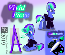Size: 2333x2000 | Tagged: safe, artist:mrchaosthecunningwlf, artist:ponyvillechaos577, oc, oc:vivid piece, species:pony, species:unicorn, backstory, backstory in description, bio, clothing, hoodie, male, painting, reference sheet, solo, stallion