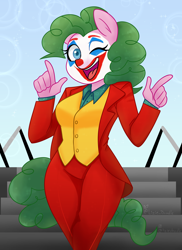 Size: 3648x5000 | Tagged: safe, artist:liziedoodle, character:pinkie pie, species:anthro, species:earth pony, species:pony, arthur fleck, clothing, clown, clown makeup, dyed mane, dyed tail, female, joaquin phoenix, joker (2019), joker stairs, pinkie joker, solo, staircase, stairs, suit, the joker