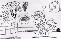 Size: 3536x2256 | Tagged: safe, artist:debmervin, character:rarity, character:sweetie belle, species:pony, species:unicorn, apron, clothing, cooking, eyes closed, female, filly, food, heart, magic, mare, monochrome, mouse hole, smoke, sweetie belle can't cook, sweetie fail, this will end in tears and/or breakfast, traditional art