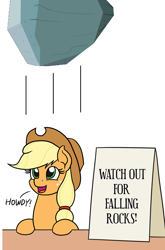 Size: 770x1165 | Tagged: safe, artist:mkogwheel edits, artist:philiptomkins, edit, character:applejack, character:tom, species:pony, applejack's hat, applejack's sign, clothing, cowboy hat, falling, female, hat, howdy, mare, meme, open mouth, smiling, text, this will end in pain