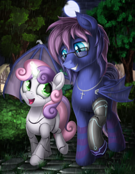 Size: 2100x2700 | Tagged: safe, artist:awalex, character:sweetie belle, oc, oc:bitmaker, species:bat pony, species:pony, species:unicorn, sweetie bot, amputee, bat pony oc, cobblestone street, crucifix, cute, diasweetes, evening, female, filly, glasses, glow, glowing eyes, glowing horn, grin, horn, jewelry, lidded eyes, magic, magic aura, male, missing cutie mark, moon, necklace, open mouth, prosthetic limb, prosthetics, rain, raised hoof, raised leg, robot, robot pony, smiling, spread wings, stallion, wing umbrella, wings