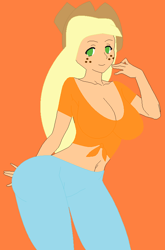 Size: 548x832 | Tagged: safe, artist:sturk-fontaine, oc, oc only, oc:jacquelyn, species:human, big breasts, breasts, cleavage, cowgirl, female, freckles, humanized, large butt, mlp wannabes, not applejack, orange background, simple background, solo, thighs, thunder thighs