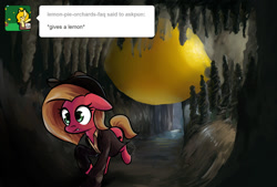 Size: 1180x800 | Tagged: safe, artist:shovrike, oc, oc:pun, species:earth pony, species:pony, ask pun, ask, clothing, female, food, hat, lemon, mare, raiders of the lost ark, running, solo