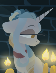 Size: 2550x3300 | Tagged: safe, artist:herfaithfulstudent, oc, oc only, oc:lannister, species:pony, species:unicorn, brick wall, candle, candlestick, collar, fire, lineless, solo