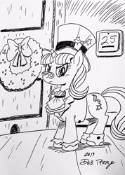 Size: 2642x3706 | Tagged: safe, artist:debmervin, character:snowfall frost, character:starlight glimmer, species:pony, christmas wreath, female, monochrome, solo, traditional art, wreath