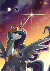Size: 1000x1414 | Tagged: safe, artist:namagaki_yukina, character:princess celestia, character:princess luna, species:alicorn, species:pony, duo, female, glowing horn, horn, magic, mare, moon, raised hoof, royal sisters, smiling, spread wings, wings