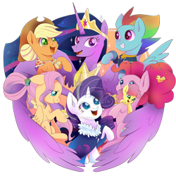 Size: 894x894 | Tagged: safe, artist:kumikoponylk, character:applejack, character:fluttershy, character:li'l cheese, character:pinkie pie, character:rainbow dash, character:rarity, character:twilight sparkle, character:twilight sparkle (alicorn), species:alicorn, species:earth pony, species:pegasus, species:pony, species:unicorn, episode:the last problem, g4, my little pony: friendship is magic, deviantart watermark, end of ponies, female, filly, mane six, mother and child, obtrusive watermark, older, older applejack, older fluttershy, older mane six, older pinkie pie, older rainbow dash, older rarity, older twilight, princess twilight 2.0, simple background, transparent background, watermark
