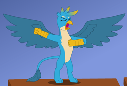 Size: 2038x1388 | Tagged: safe, artist:alexeigribanov, character:gallus, species:griffon, angry, beating chest, bipedal, blue background, chest pounding, gorilla, screaming, simple background, spread wings, wings