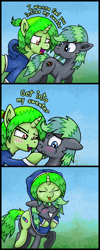 Size: 1324x3320 | Tagged: safe, artist:wellfugzee, oc, oc only, oc:bitter pill, oc:razzle, species:earth pony, species:pony, species:unicorn, pony town, blushing, clothing, comic, cute, cutie mark, female, freckles, hoodie, imminent snuggles, male, mare, ponies riding ponies, ponytail, riding, shared clothing, smiling, stallion, sweater