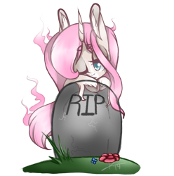Size: 1070x1080 | Tagged: safe, artist:kaywhitt, oc, oc only, oc:tarot, species:classical unicorn, species:pony, species:unicorn, big ears, cloven hooves, cute, dead, female, floppy ears, flower, ghost, ghost pony, grass, grave, gravestone, graveyard, horn, leonine tail, mare, melancholy, one eye closed, rest in peace, simple background, solo, transparent background, unshorn fetlocks