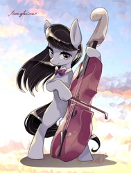 Size: 756x1000 | Tagged: safe, artist:namagaki_yukina, character:octavia melody, species:earth pony, species:pony, bow (instrument), bow tie, cello, cello bow, female, hoof hold, mare, musical instrument, solo, sunset