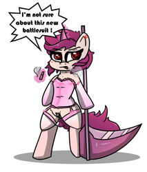 Size: 896x1054 | Tagged: safe, artist:n-o-n, oc, oc only, species:pony, species:unicorn, armor, cigarette, clothing, confused, corset, female, lingerie, scythe, smoking, solo, stockings, thigh highs, trade, unconvincing armor