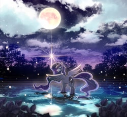 Size: 1500x1387 | Tagged: safe, artist:namagaki_yukina, character:princess luna, species:alicorn, species:pony, g4, bedroom eyes, cloud, cute, female, full moon, glowing horn, horn, lake, leaf, looking at you, lunabetes, mare, moon, night, scenery, sky, solo, spread wings, starry night, stars, water, wings