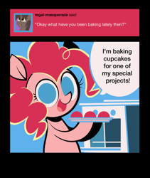 Size: 800x950 | Tagged: safe, artist:footsam, character:pinkie pie, species:earth pony, species:pony, ask, ask pinkie pie and tornado, baking, colored, cupcake, female, flat colors, food, no pupils, oven, solo, tumblr