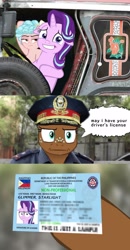 Size: 1000x1920 | Tagged: safe, artist:samueldavillo, character:cozy glow, character:spur, character:starlight glimmer, species:pegasus, species:pony, species:unicorn, :i, driver's license, jeepney, philippines, police