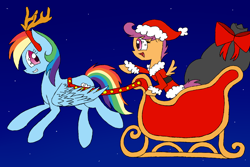 Size: 1500x1000 | Tagged: safe, artist:yourfavoritelove, character:rainbow dash, character:scootaloo, species:pegasus, species:pony, animal costume, antlers, bag, christmas, clothing, costume, duo, female, flying, hat, holiday, reindeer antlers, reindeer costume, reindeer dash, santa costume, santa hat, sleigh
