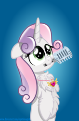 Size: 3000x4562 | Tagged: safe, artist:crystalmagic6, character:sweetie belle, species:pony, species:unicorn, blue background, chest fluff, cute, equestrian pink heart of courage, female, fluffy, green eyes, inkscape, microphone, mouth hold, older, older sweetie belle, puppy dog eyes, simple background, solo, vector