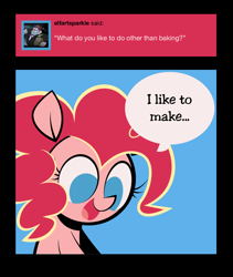 Size: 800x950 | Tagged: safe, artist:footsam, character:pinkie pie, species:earth pony, species:pony, ask, ask pinkie pie and tornado, blue background, colored, comic, dialogue, flat colors, happy, no catchlights, no pupils, simple background, speech bubble, tumblr